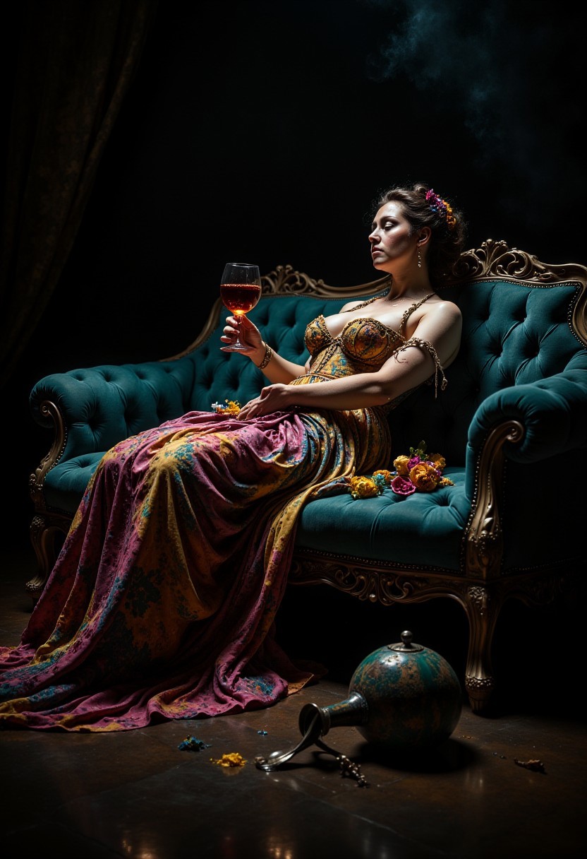 debauchery, full body full figure image, splayed on a sofa, dejected, soiled luxurious marquess evening gown, drunk, wine glass, spilled carafe of wine on floor, 18th Century noblewomen as epitome of decadence, depraved decadent nobility, vice, weary expression, excessive revelry, used, unhinged, rococo, hyperdetailed, bokeh, masterwork, glimpses of teal and pink, soft rim light, ornate, depravity, corruption of the soul
