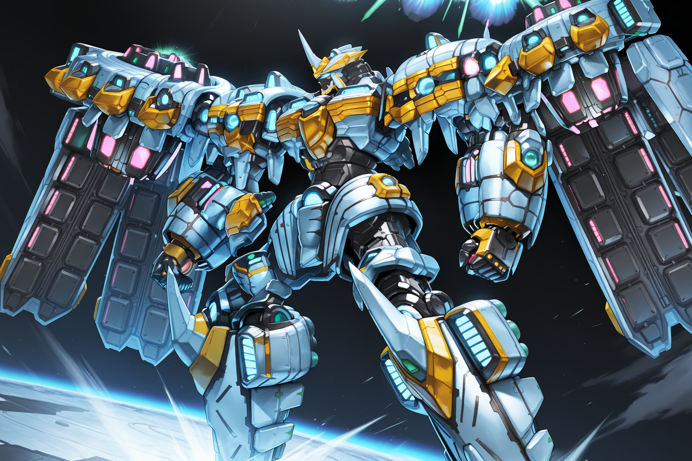 (high quality:1.1), detailed face, AA-ZEUS, solo, wings, no humans, robot, mecha, clenched hands, science fiction, looking ahead, mechanical wings, v-fin, mobile suit, thrusters, from side, single horn <lora:Divine_Arsenal_AA-ZEUS-10:1>