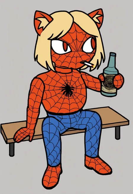 score_9, score_8_up, score_7_up, BREAK,
spider-meme, spider-man, mask, spider web print, red bodysuit, blue bodysuit, multicolored clothes, spideysuit, spider web print, meme, cartoon style, parody, big head, (extended head),white eyes,  white eyes without a pupil, red mask, blue pants, red shoes, red gloves, one-piece suit, one-piece  cosbenezon,solo,
gopnik, pants with three white stripes,cigarette,sitting on a bench in the park, beer bottles, energy,
 <lora:spider-man_pony_xl:0.6>,necoarc,blonde hair, red eyes, slit pupils, cat ears, :3, chibi