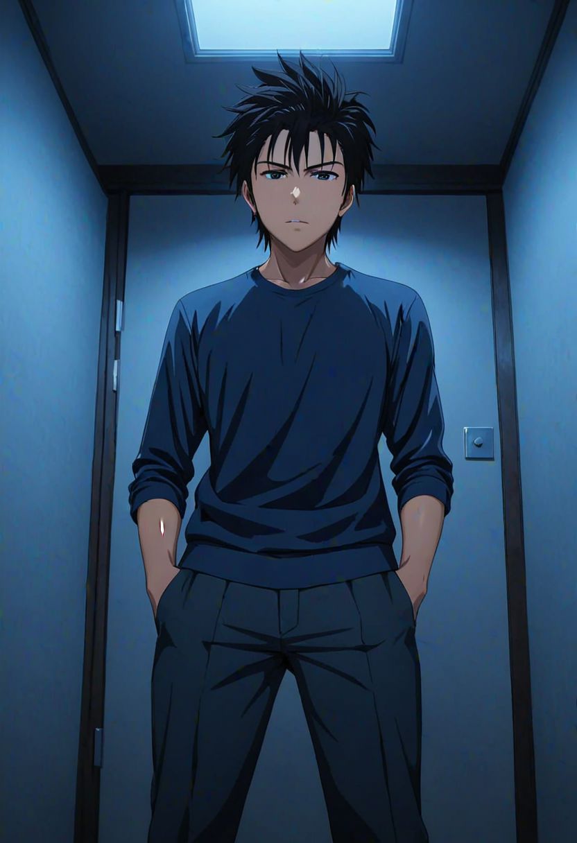 Highres, Masterpiece, High Quality, 4K, Soujiro Agata, 1boy, solo, black hair, Disregard, dominant, looking at viewer, threaten, standing oppressively over the viewer, dark Room, Cramped room, seen from below, Realistic Light