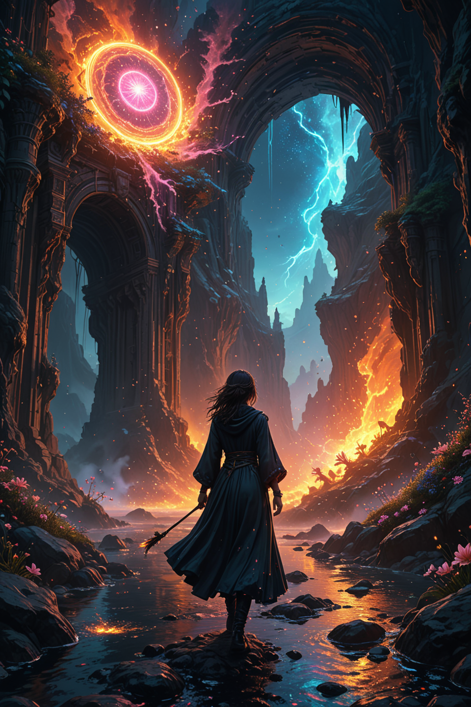 hyperrealistic art ultra-detailed digital painting, cinematic lighting, 8k resolution,
<lora:add-detail-xl:0.7>,
<lora:detailed_notrigger:0.7>,
 <lora:Flux-style-xl-lora:0.3> flux-style ,
<lora:IOS_Iridescent_opal_style:0.1>,
 <lora:linquivera:0.15> linquivera, liiv1, 
<lora:20230829-1693273691112:0.3>
a wanderer in black clothes fluttering in the wind, surreal landscape filled with ancient runic circles glowing with stardust,
each portal reveals a radically different realm
digital realm with binary code rivers and neon data storms,
volcanic plains with liquid-gold lava and obsidian crystal forests,
nebula oasis with starfire lilies and comet trails,
intricate details: portals framed by crackling neon energy threads,
dynamic effects: quantum energy webs connecting realms,
color palette: realms explode with vibrant neon pink and electric blue,
background: multidimensional sky with shattered reality shards and floating light orbs, artstation trending, by james jean and loish, unreal engine 5 render, wide-angle lens, volumetric glow , . extremely high-resolution details, photographic, realism pushed to extreme, fine texture, incredibly lifelike