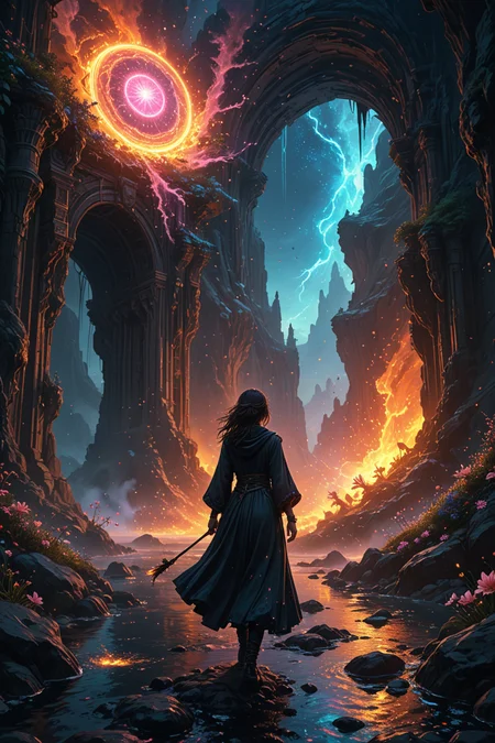hyperrealistic art ultra-detailed digital painting, cinematic lighting, 8k resolution,
<lora:add-detail-xl:0.7>,
<lora:detailed_notrigger:0.7>,
<lora:Flux-style-xl-lora:0.3> flux-style ,
<lora:IOS_Iridescent_opal_style:0.1>,
<lora:linquivera:0.15> linquivera, liiv1,
<lora:20230829-1693273691112:0.3>
a wanderer in black clothes fluttering in the wind, surreal landscape filled with ancient runic circles glowing with stardust,
each portal reveals a radically different realm
digital realm with binary code rivers and neon data storms,
volcanic plains with liquid-gold lava and obsidian crystal forests,
nebula oasis with starfire lilies and comet trails,
intricate details: portals framed by crackling neon energy threads,
dynamic effects: quantum energy webs connecting realms,
color palette: realms explode with vibrant neon pink and electric blue,
background: multidimensional sky with shattered reality shards and floating light orbs, artstation trending, by james jean and loish, unreal engine 5 render, wide-angle lens, volumetric glow , . extremely high-resolution details, photographic, realism pushed to extreme, fine texture, incredibly lifelike