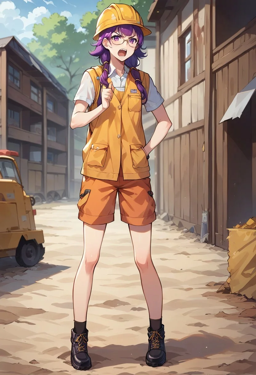 1girl, solo, alone, score_9, score_8_up, score_7_up, masterpiece, high quality, source_anime, very detailed,
LuteFE, purple hair, long hair, low twintails, purple eyes, glasses, construction worker outfit, hard hat, construction vest, skinny, small bust, shorts,
standing, full body, facing forward,
yelling, angry, pointin to side with finger, serious, village, old town,