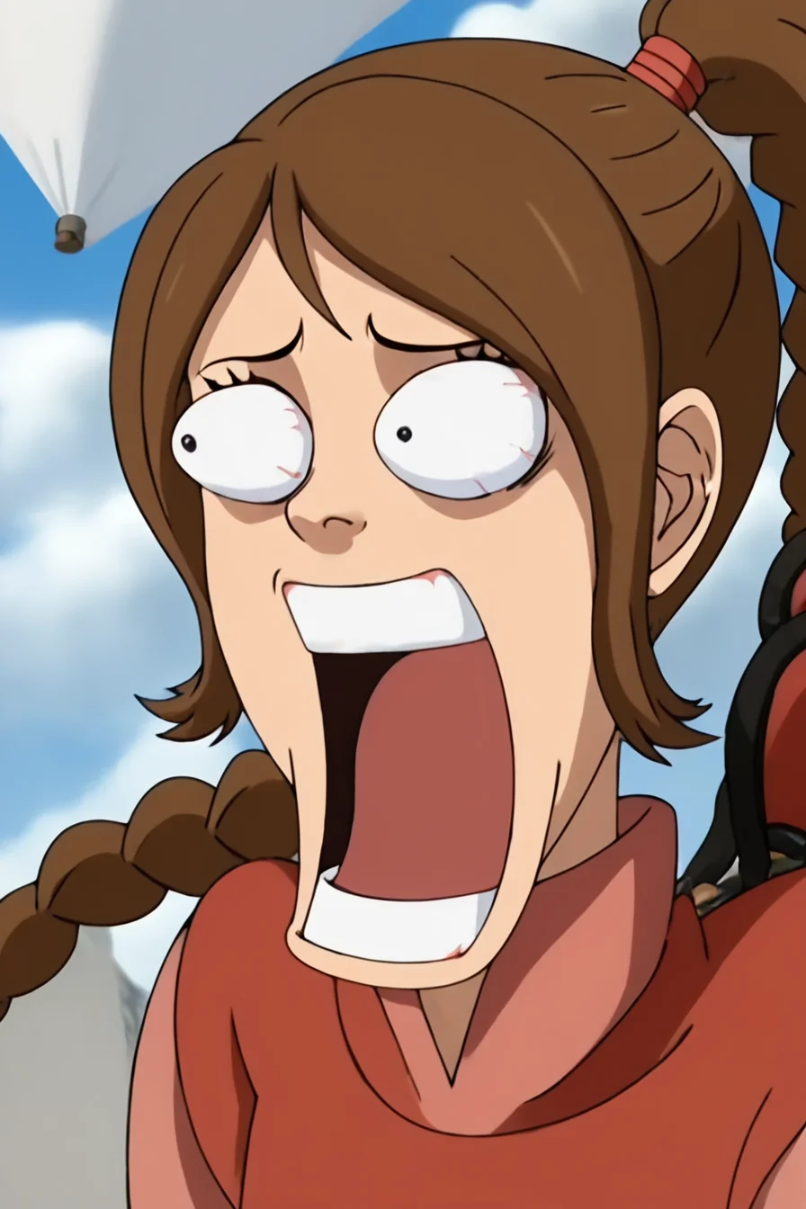 score_9, score_8_up, score_7_up, score_6_up, score_5_up, score_4_up, <lora:ty-lee-book2-ponyxl-lora-nochekaiser:1> , ty lee, long hair, brown hair, ponytail, braid, single braid,chinese clothes,1girl, alone, masterpiece, highres, highly detailed face, <lora:onepiece_funny_face:1>, one_piece_funny_face, eye pop, snot, teeth, eyes vein lines, open mouth,