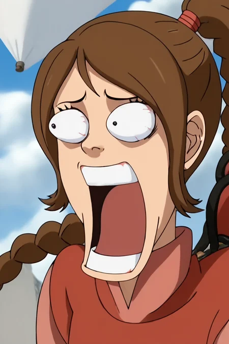 score_9, score_8_up, score_7_up, score_6_up, score_5_up, score_4_up, <lora:ty-lee-book2-ponyxl-lora-nochekaiser:1> , ty lee, long hair, brown hair, ponytail, braid, single braid,chinese clothes,1girl, alone, masterpiece, highres, highly detailed face, <lora:onepiece_funny_face:1>, one_piece_funny_face, eye pop, snot, teeth, eyes vein lines, open mouth,