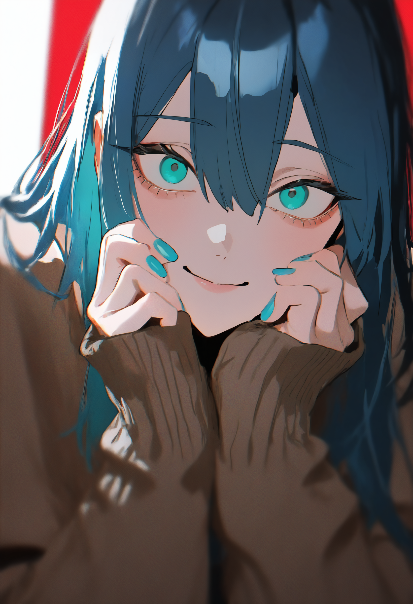 masterpiece, best quality, newest, absurdres, highres, very awa, anime screencap, film grain, painting \(medium\), ambient occlusion, depth of field, simple background, bXVrd, 1girl, solo, looking at viewer, hands on own face, hair between eyes, red background, portrait, smile, hands on own cheeks, blue hair, aqua nails, long sleeves, head rest, brown sweater, blue eyes, long hair, sleeves past wrists, sweater, closed mouth, blue nails, head tilt, crazy eyes, nail polish, aqua eyes, wide-eyed, close-up