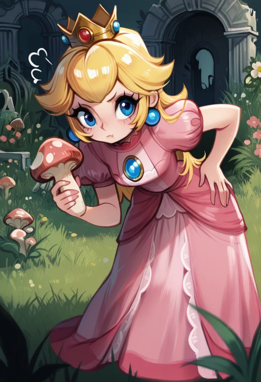 d0p4style, masterpiece, best quality, solo, princess peach, pink dress, small blue eyes, crown, leaning forward, hand on hip, pouting, holding a mushroom, garden, grass, flora, flowers, ruins, cobble,