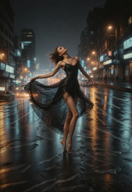 masterpiece, best quality , (full body:1.2),skinny, beautiful girl, 20 y.o, ballerina,she feels raindrops on her face ,long dark brown hair, wind,( full lips:1.1), feels the rain, (barefoot:1.5), thin waist,focus on the ballerina,wet black ( long:1.1) georgeous dress , she dancing in the middle of the highway,barefoot, against the backdrop of the night city, skyscrapers,
cars rush, a long trail of light from car headlights (ral-exposure:1.2) , (long exposure:1.2), dynamic streaks, luminous trails, vibrant colors, fluid movement, captivating patterns, creative experimentation, (perfect composition:1.3), professional photography,Dynamic,Cinematic,Sharp details, Insane quality. cinematic scene, cinematic lighting, <lora:ral-rndrps-sdxl:0.5> ral-rndrps , <lora:d\EnvyZoomSliderXL01:-1.15> <lora:ral-exposure-sdxl:0.95> <lora:Dance_Art:0.5>