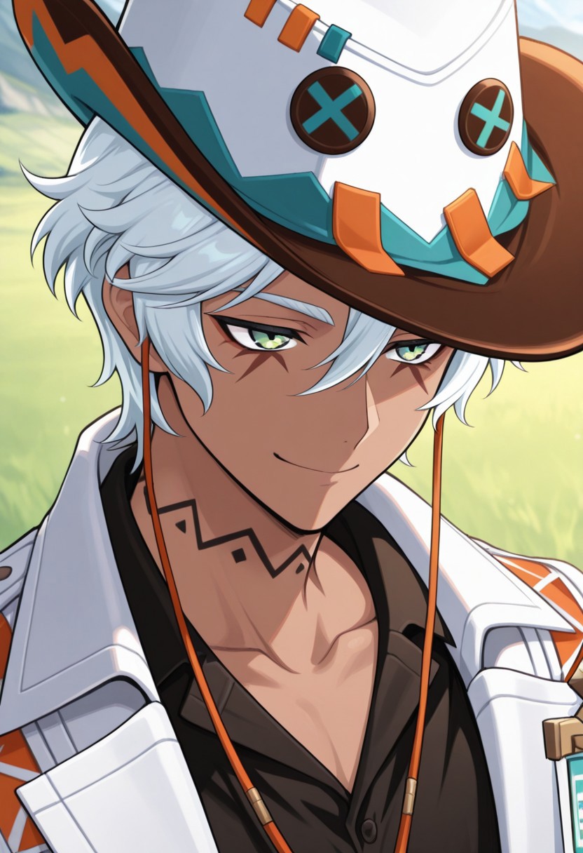 masterpiece,best quality,amazing quality, source_anime,
ifagimpa, 1boy, male focus, solo, dark skin, dark-skinned male, green eyes, white hair, hat, cowboy hat, white headwear, neck tattoo, collarbone, shirt, black shirt, coat, white coat, portrait, smile, outdoor,