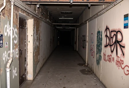 High-resolution photo, shot on a digital camera, no visible artifacts, well-lit with natural and artificial lighting. The image showcases a narrow, decrepit urban alleyway with decaying structures and exposed piping on the left side, extending towards a vanishing point. The walls are laden with graffiti, featuring a prominent tag on the right. The textures of the peeling paint, rusted metal beams, and weathered concrete give the scene an industrial, abandoned ambiance. A long, dark passage stretches into the distance, evoking a sense of depth and mystery., 