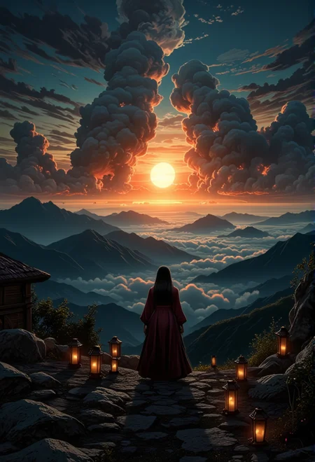 An awe-inspiring sunset scene of sun rays breaking through misty clouds, with rolling mountains in the background. The lighting casts cool, mysterious shadows, enhancing the surreal beauty of the landscape. The figure is dressed in bohemian attire, adding a mysterious allure. Small details, like lanterns scattered around, bring an extra layer of magic and realism to the scene.} bv-stuanilan<lora:bv-stunning-anime-landscape-v1.safetensors:1.0:1.0>