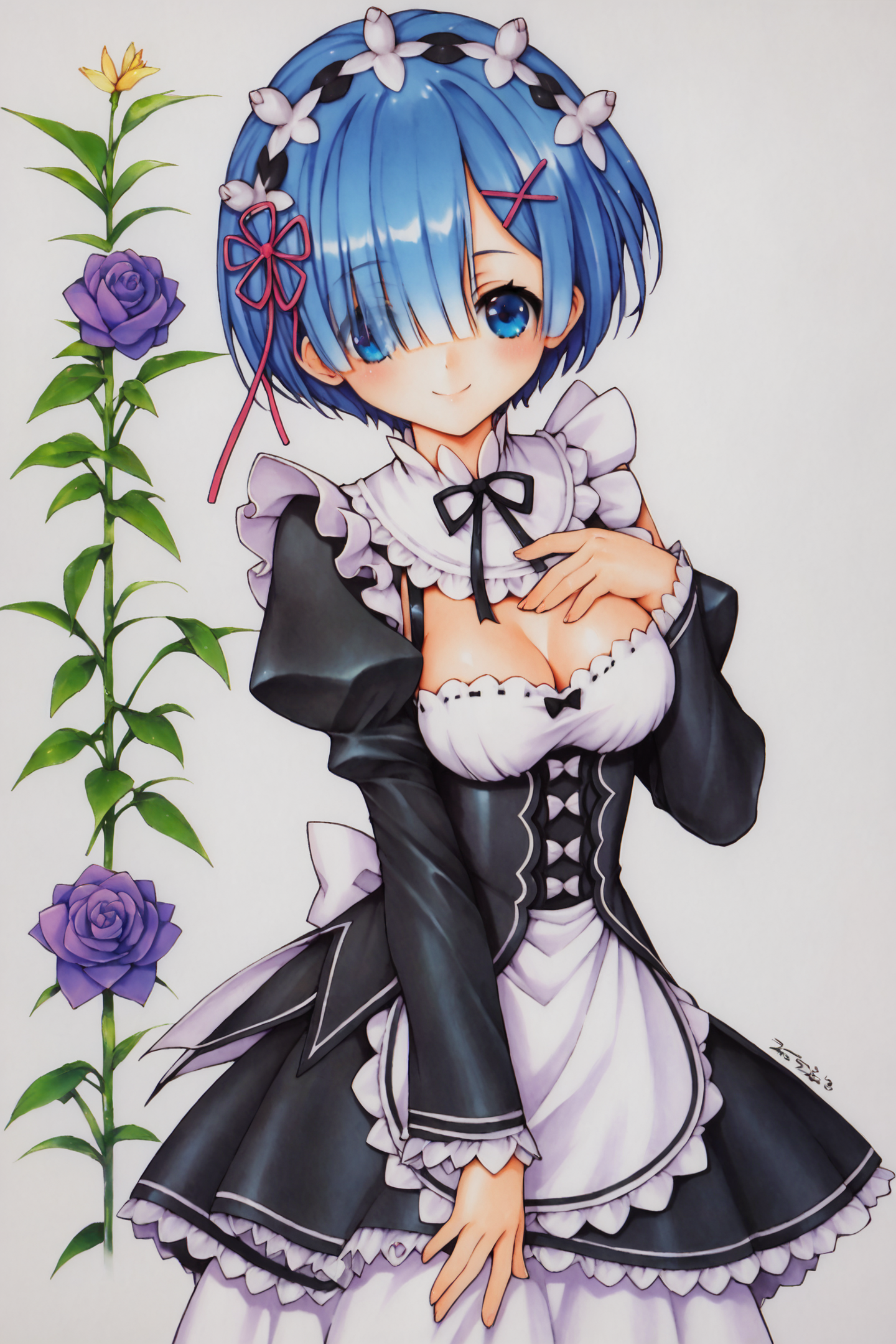 score_9,score_8_up,score_7_up,
1girl,solo,rem (re:zero),blue hair,x hair ornament,short hair,hair ornament,blue eyes,maid,ribbon,maid headdress,long sleeves,dress,roswaal mansion maid uniform,smile,hair ribbon,breasts,puffy sleeves,frills,apron,bangs,closed mouth,black ribbon,pink ribbon,blush,medium breasts,black dress,juliet sleeves,cowboy shot,flower,hair between eyes,red ribbon,hand on own chest,waist apron,traditional media,
<lora:Ramiya Ryou_XL_PONY:0.9>,