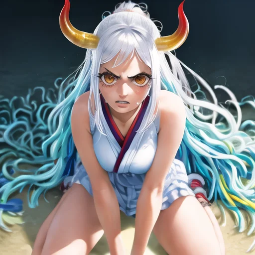 best quality, (masterpiece:1.4), ((ultra-detailed)), (photorealistic skin),(cowboy_shot,fullbody portrait:1.2), yamato_5500 in fight ready stance,(beautiful detailed face), (perfect illustration), messy shiny hair, realistic lighting, evening light, glow, soft thick lips, bright reflective lighting, (detailed shadows), photorealistic, sharp eyes, blush, long eyelashes, shiny sweaty skin, solo, 1girl,(angry_face:1.2)
