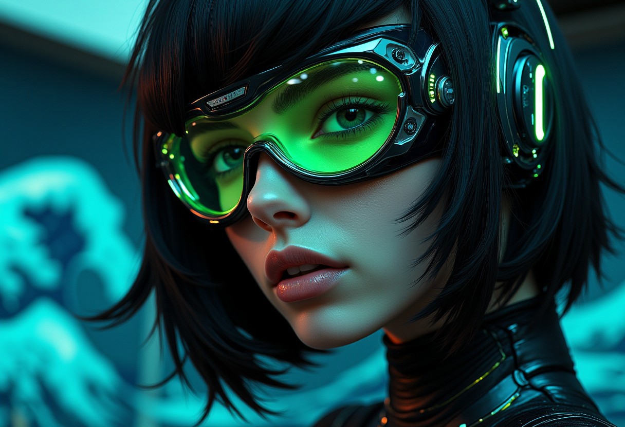A hyper-realistic close-up portrait of a young woman with shoulder-length black hair styled in edgy, futuristic layers, adorned with glowing tips. She wears mecha eyewear with a neon green visor that transitions into iridescent shades of teal and gold. The frame is sleek, with angular edges and fine mechanical detailing. Her expression is fierce and confident, with flawless skin highlighted by the neon reflections. She wears a high-tech bodysuit with integrated LED lines and metallic panels. The background depicts a hazy rendition of The Great Wave off Kanagawa by Hokusai, its powerful waves blending seamlessly with the neon tones, amplifying her intense, defiant aura.