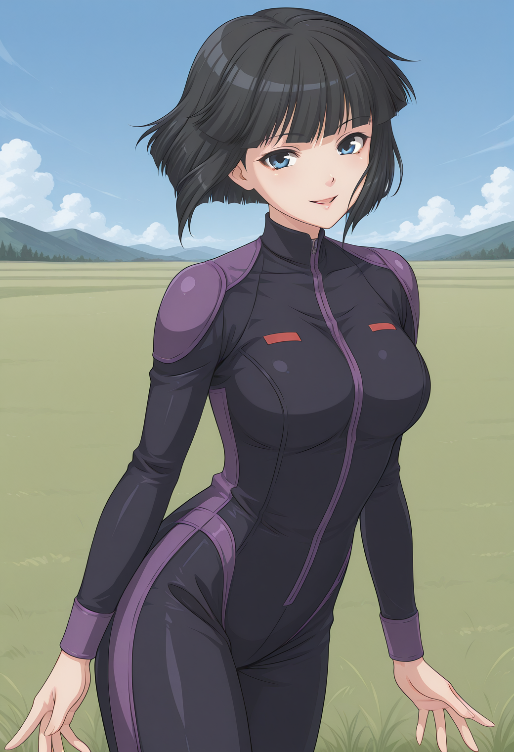 minami_toshimi, blue eyes, black hair, short hair, bob cut, black bikesuit, purple shoulderpads, <lora:minami_toshimi_illustrious_ver1:0.8> 
smile, cowboy shot,, masterpiece, best quality, sensitive,, 1girl, solo, blue sky, (grasslands:1.2), looking at viewer,