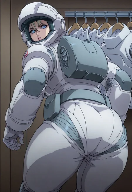masterpiece, best quality, good quality, GTBClaudia, 1girl, solo, blonde hair, blue eyes, white spacesuit, gloves, helmet, from behind, looking back, looking at viewer, ass, ass focus, BREAK, indoors, closet, clothes hanger