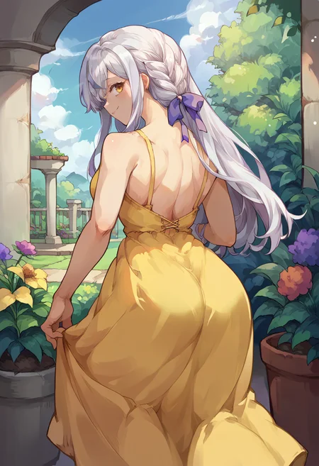score_9, score_8_up, source_anime, 1girl, solo, KonKanaho, white hair, long hair, braid, hair ribbon, purple ribbon, from behind, yellow sundress, garden, day, sunshine, smile, looking back, <lora:ChamKonKanahoPonyXL:1>