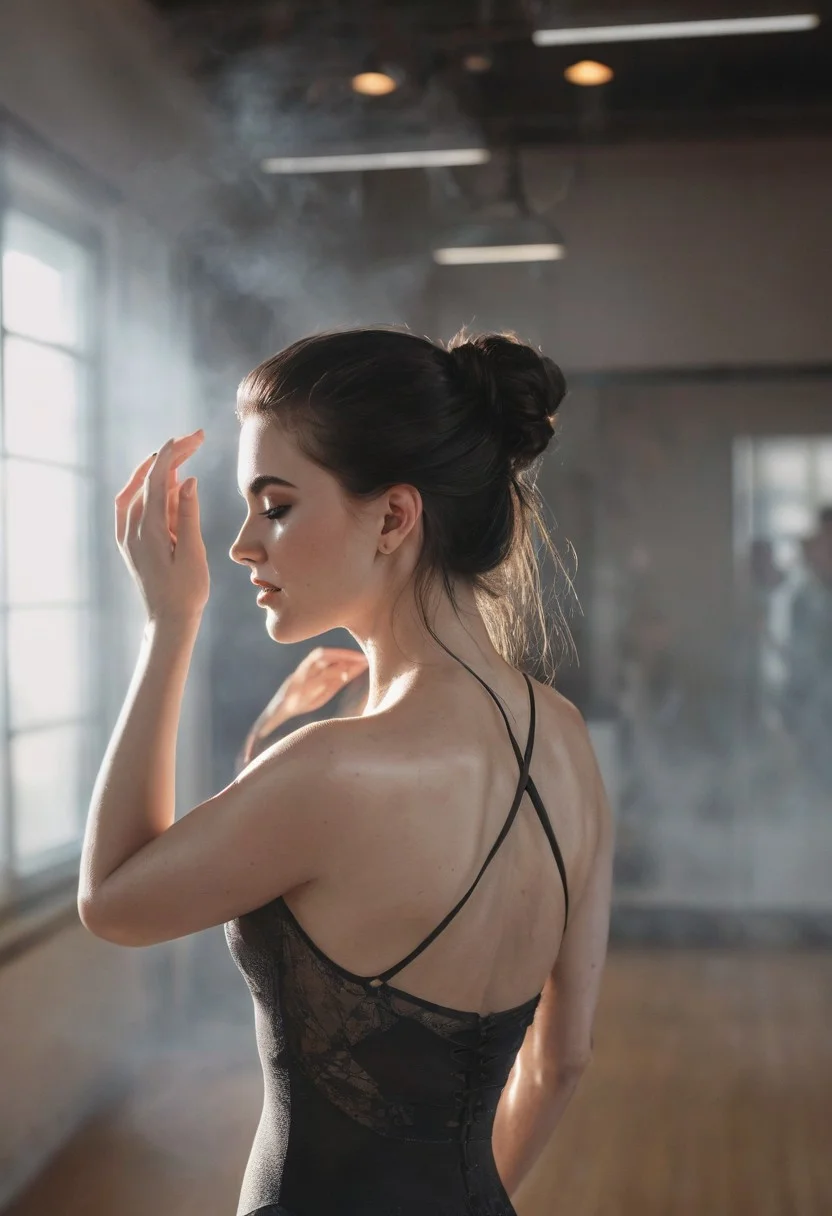 30yo American woman Ballet dancing.
Ballet pose.
Makeup. Clear skin. realistic skin style detailed skin pore.
Black dark very Long messy slick back stylish hair.
Shooting light, indoors, cable light
Ballet studio
Smiling, with mouth closed. Smirk.
Bokeh. Heavy Bokeh light. Artistic smoke color
Full body complete shot.
Tilt head, hand on hair. Shy.