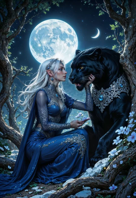 A mystical elven princess with flowing silver-white hair kneels beneath an ethereal full moon, cradling the face of a majestic black panther. Her sapphire-blue gown, embroidered with intricate silver filigree, shimmers in the moonlight, and delicate jewelry glows with arcane energy. The panther, adorned with an ornate silver breastplate embedded with a luminous gemstone, gazes into her eyes with fierce devotion. Twisted roots and ancient vines frame the scene, while pale celestial flowers bloom in the moonlit glade. The background features a vast, star-filled night sky with twin crescent moons, casting an enchanting glow. The atmosphere is serene yet powerful, filled with magic and lunar energy.