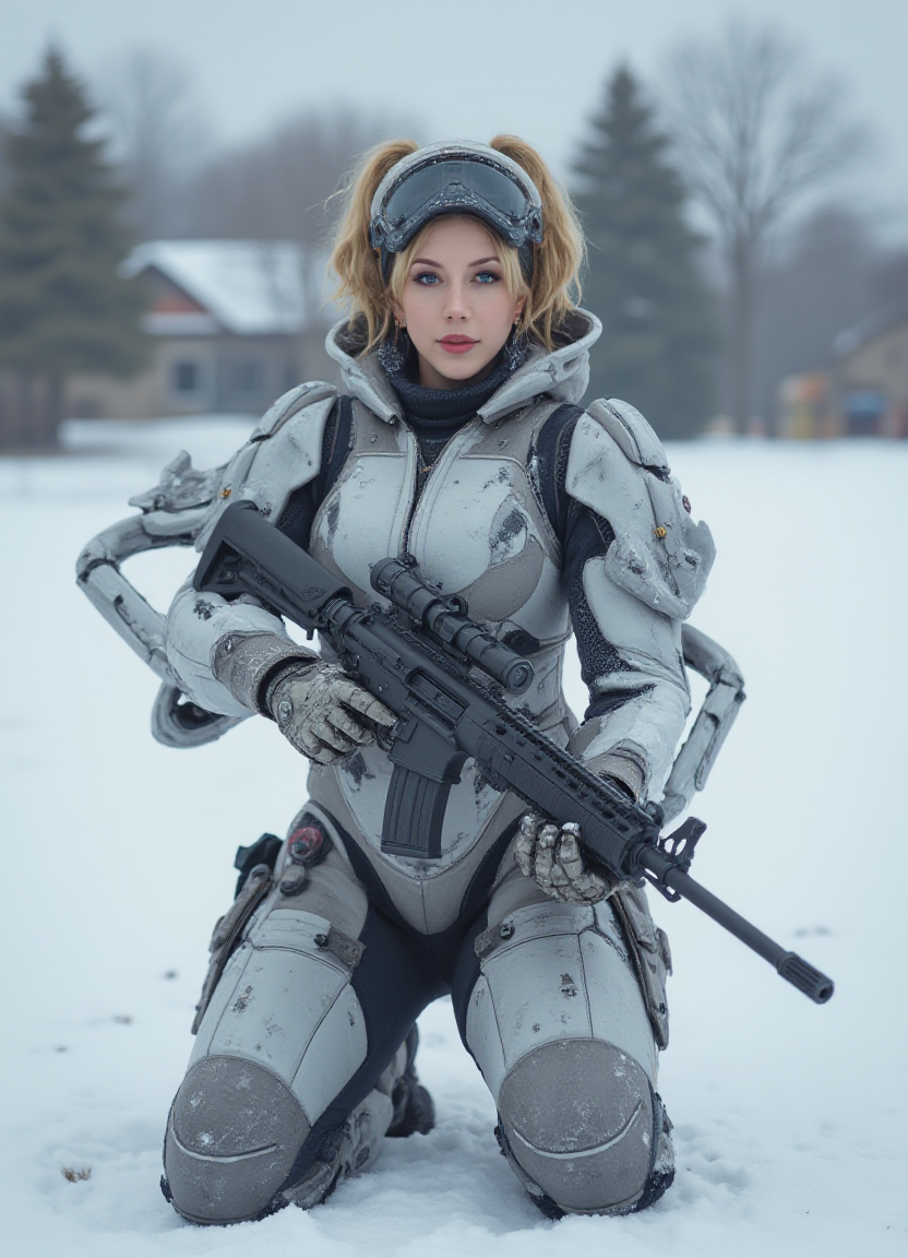 SFW, The image shows a woman kneeling in the snow with a rifle in her hands. She is wearing a futuristic-looking suit with a grey and white color scheme. The suit has multiple arms and legs, and a helmet with a visor. The woman has e hair and is looking directly at the camera with a serious expression. The background is blurred, but it appears to be a snowy landscape with trees and a building in the distance. The overall mood of the image is cold and wintery., aidmaimageupgrader<lora:flux\custom\celebrity\katherine-ryan.safetensors:1.0:1.0> <lora:turbo-8-step-flux.safetensors:0.5:0.5> <lora:flux\style\Common\aidmaImageUprader-FLUX-v0.3.safetensors:0.25:0.25>