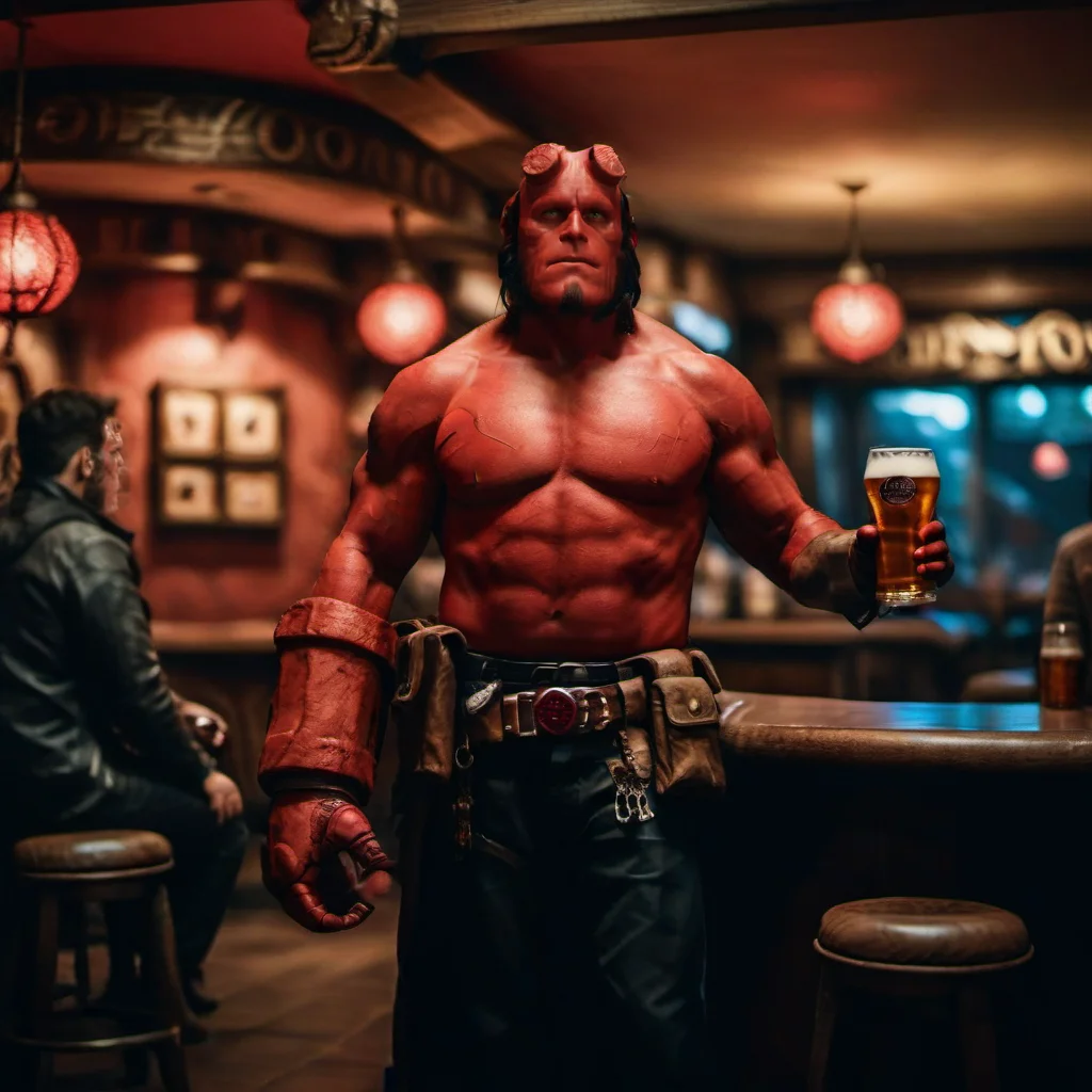 cinematic photo hellboy, a red man shirtless, pants, having a beer in a pub <lora:Hellboy1024:0.8> . 35mm photograph, film, bokeh, professional, 4k, highly detailed