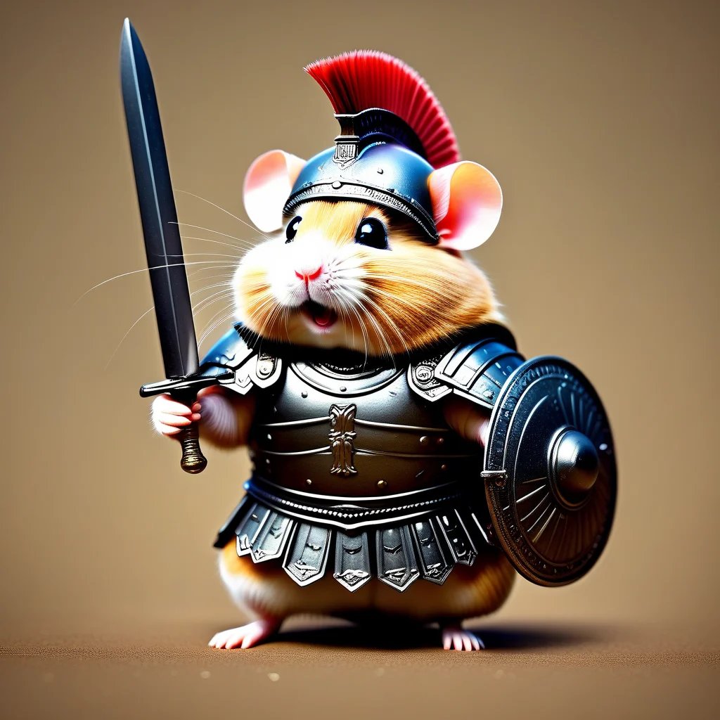 Hamster in a roman legionnair armor with a roman gladius charging forward