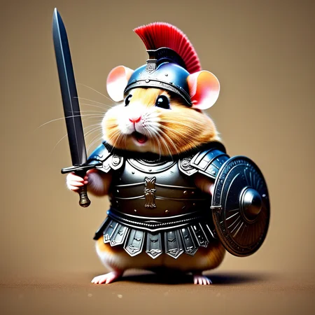 Hamster in a roman legionnair armor with a roman gladius charging forward