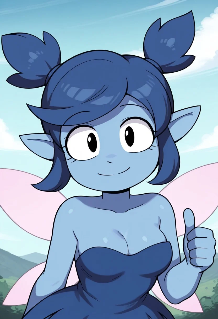 masterpiece,best quality,amazing quality,good quality, absurdres,solo,1girl,navi,fairy,colored skin,blue skin,blue hair,short hair,short twintails,bangs,pointy ears,black eyes,medium breasts,fairy wings,dress,blue dress,strapless dress,bare shoulders,closed mouth,smile,thumbs up,happy,looking at viewer,upper body portrait,outdoors,blue sky