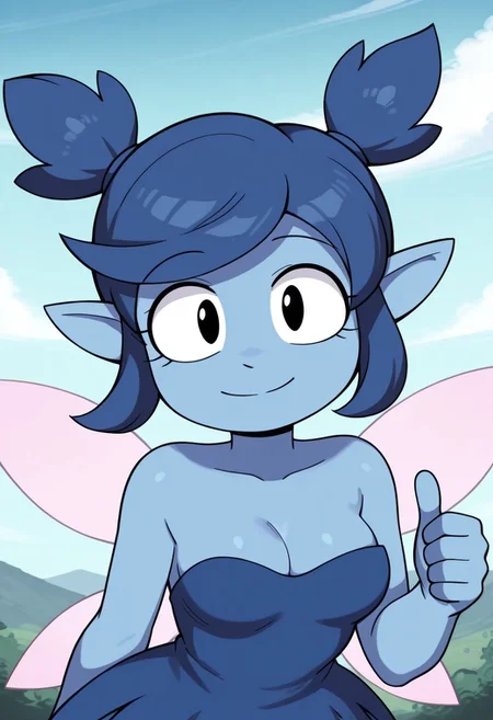 masterpiece,best quality,amazing quality,good quality, absurdres,solo,1girl,navi,fairy,colored skin,blue skin,blue hair,short hair,short twintails,bangs,pointy ears,black eyes,medium breasts,fairy wings,dress,blue dress,strapless dress,bare shoulders,closed mouth,smile,thumbs up,happy,looking at viewer,upper body portrait,outdoors,blue sky