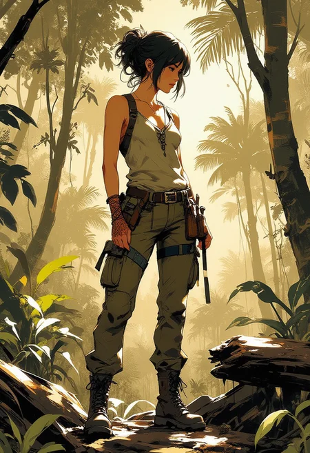 Special Ink-drawing mode, intricate linework with expressive contrasts, Mh1$AgThS2, Inkplash art on rice paper, sepia, henna , Silhouette Art, magnificent, inksplash image of stunning japanese woman, jungle explorer, khaki camisole, cargo pants, boots, standing in dense rainforest jungle, dappled sunlight
