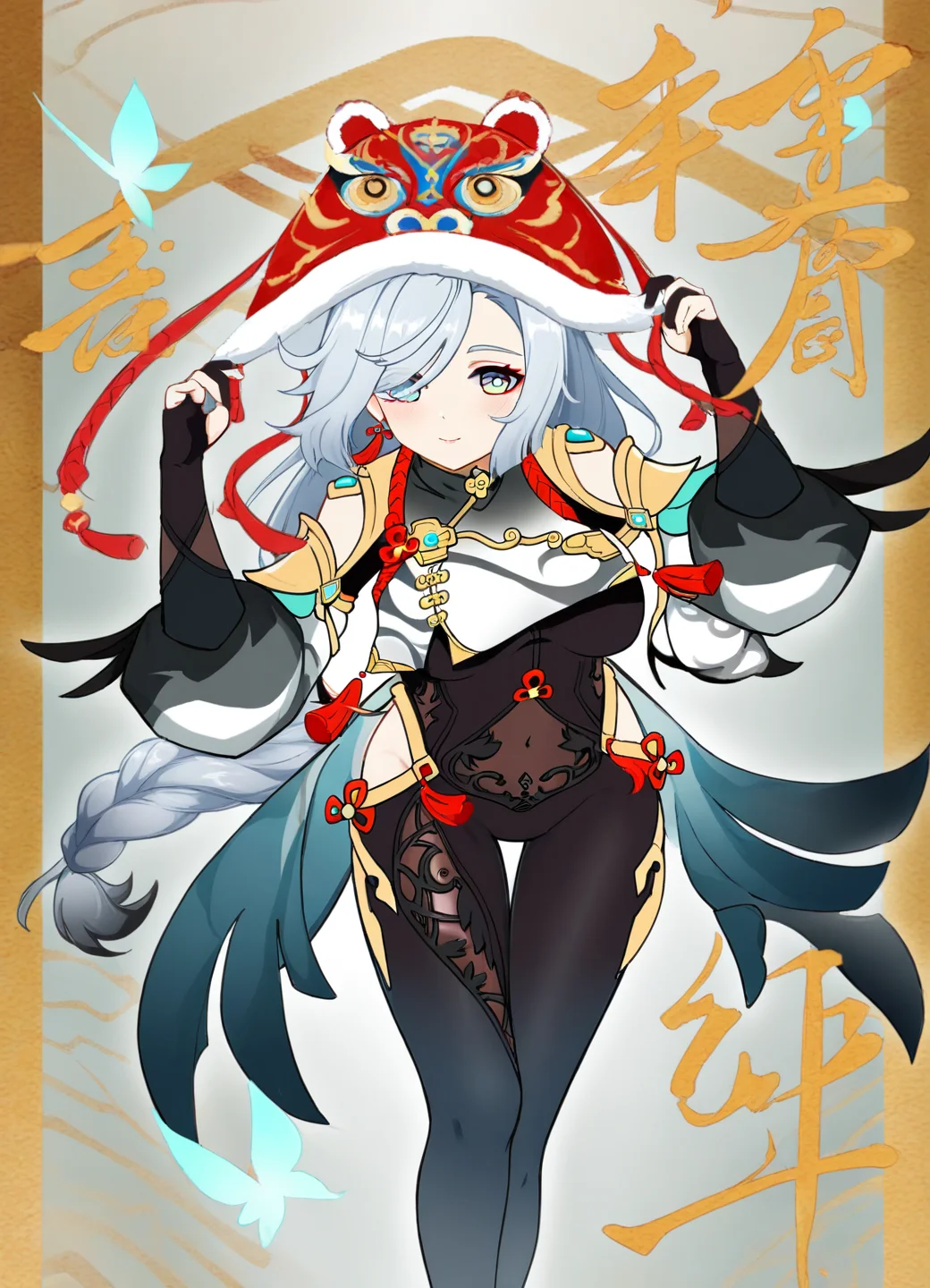 1girl,yushe quetzalli,ciloranko,
bare_shoulders,black_bodysuit,black_gloves,blue_butterfly,blue_eyes,breast_curtain,closed_mouth,covered_navel,smile,eyelashes,eyes_visible_through_hair,floating_hair,gold_trim,hair_between_eyes,hair_ornament,hair_over_one_eye,hand_up,highres,hip_vent,kuji-in,looking_to_the_side,low-braided_long_hair,low-tied_long_hair,shenhe \(genshin impact\),sidelocks,single_braid,single_earring,solo,swept_bangs,tassel_earrings,thighs,very_long_hair,white_hair,
<lora:Hutou_Hat Noob:0.9>,hat,hutou hat,tiger hat,red hat,fur_trim,light blush,(slight smile),animal ears,