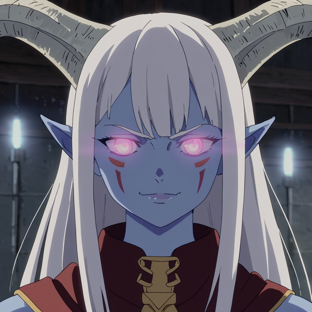 score_9, score_8_up, score_7_up,  BREAK source_anime,
 ,<lora:cyberpunk_edgerunners_style_pony_r1:0.8>,
1girl, portrait, beautiful, tiefling shaman, white hair, (long hair:1.3), side bangs, horns, barbarian, gladiator, war paint, tribal markings, long tail, blue skin, pink eyes, glowing eyes, (smug:0.85), dramatic lights, detailed, sharp lines, dynamic, detailed drawing