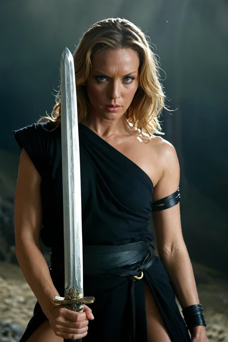 in clothes .A close-up shot of Uma Thurman's determined face, her eyes narrowed in intensity as she grips a sword with both hands. The Japanese warrior stands victorious, Bill's lifeless body slumped behind her. A hint of sunlight filters through the misty atmosphere, casting a warm glow on the scene. The composition is stark and powerful, emphasizing Uma's triumphant stance., in clothes, <lora:LCM-LoRA-XL_V1:0.21>, <lora:SDXLHighDetail_v5:0.3>
