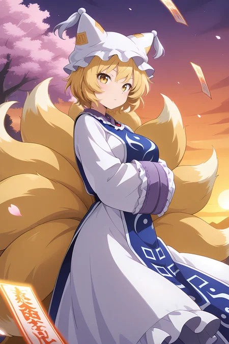absurdres, highres, masterpiece, best quality, amazing quality, official anime artwork, screencap, anime screencap, outdoors, from the side, floating hair, sunset, dynamic pose, hands in opposite sleeves, petals, sakura tree, light particles, looking at viewer, spell card, danmaku,
<lora:Yakumo-Ran_Illustrious:1> yakumo ran, 1girl, solo, yellow eyes, blonde hair, short hair, multiple tails, fox tail, fox ears,, hat, white headwear, ofuda, tabard, white dress, long dress, frills, long sleeves, wide sleeves