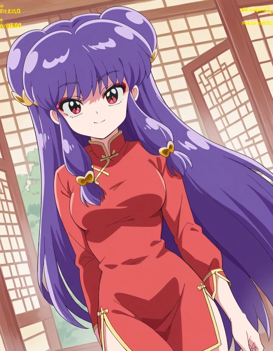 score_9, score_8_up, score_7_up, source_anime, <lora:shampoo-leak-ponyxl-lora-nochekaiser:1>, shampoo, shampoo (ranma 1/2), long hair, hair ornament, red eyes, purple hair, hair bun, double bun,, dress, chinese clothes, china dress, red dress, long sleeves,, indoors, smile, looking at viewer, solo,, cowboy shot, dutch angle