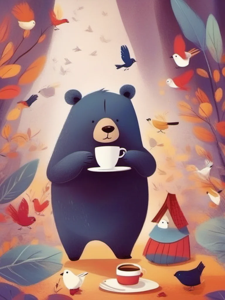 A cartoon bear is holding a cup of coffee and surrounded by several birds., <lora:kids:1> illuillustration,