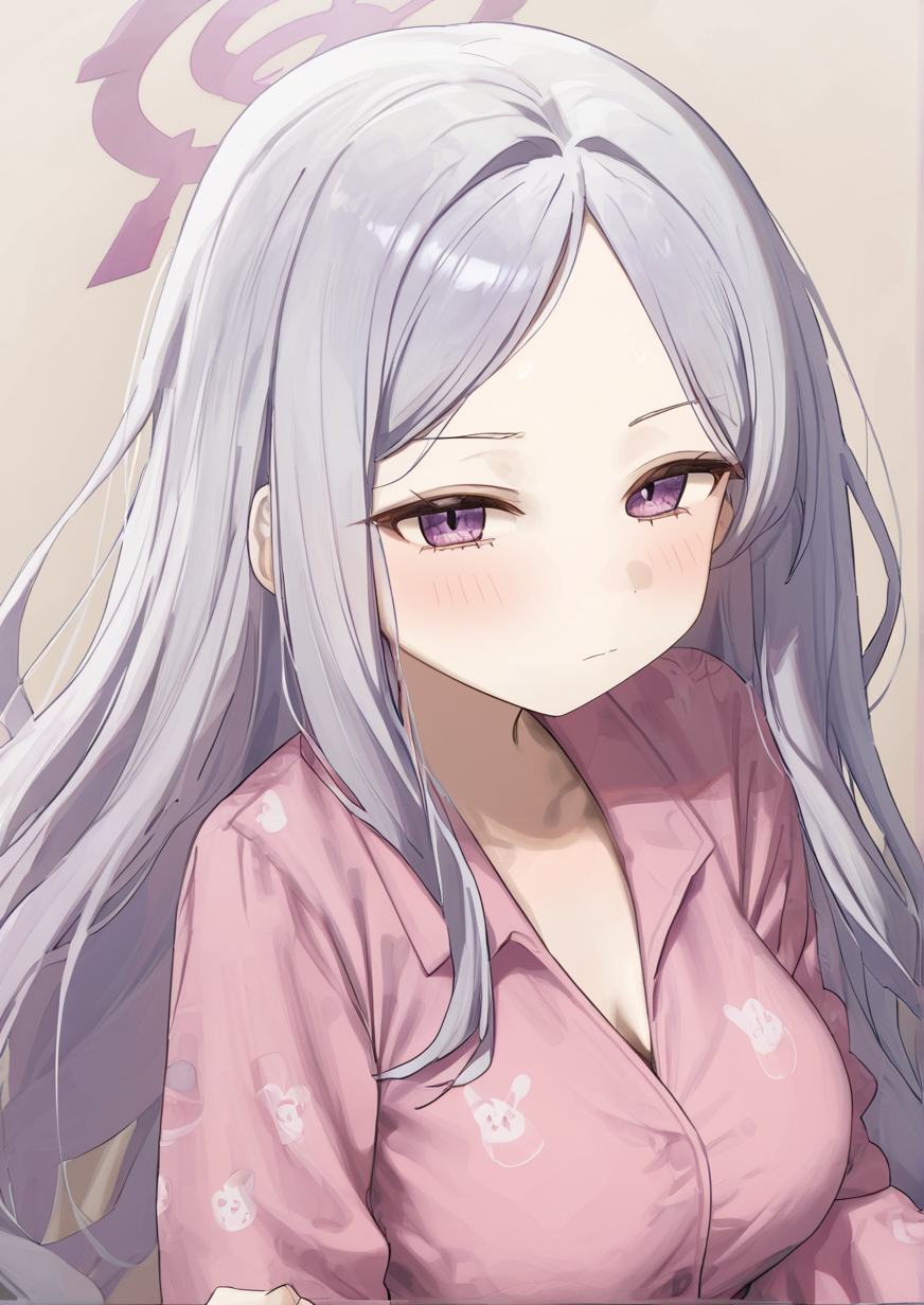 1girl, hina (blue archive), hina (pajamas) (blue archive), huge breast, blush, close-up, closed mouth, half-closed eyes, long hair, long sleeves, looking at viewer, official alternate costume, pajamas, pink pajamas, purple eyes, solo, upper body, white hair,<lora:ãã¯ãSyHan:1>
