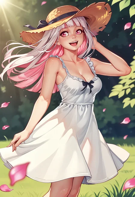 score_9, score_7_up BREAK 1girl,outdoors,long hair,hime cut,white hair,pink colored inner hair,white dress,pink eyes,sundress,cleavage,happy,sunlight,depth of field,petals,wind lift,straw hat <lora:nikichen_pd:1>