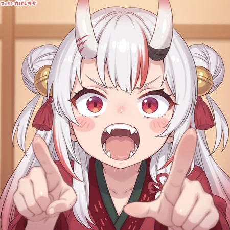 masterpiece, best quality, amazing quality, virtual youtuber, 1girl, horns, solo, open mouth, long hair, meme, red hair, oni, hair ornament, multicolored hair, parody, streaked hair, hair bell, pointing, bell, white hair, hair bun, blush stickers, blurry, upper body, double bun, fang, fangs, pointing at viewer, japanese clothes, nakiri ayame, mimonel