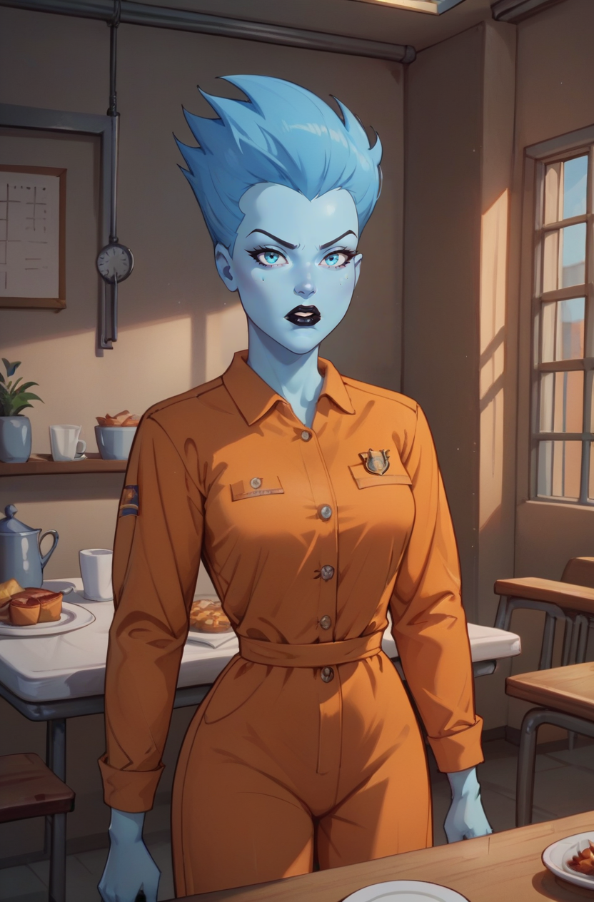 score_9, score_8_up, score_7_up, score_6_up, masterpiece, high quality, perfect face, perfect eyes, Livewire, 1girl, blue eyes, blue skin, short hair, blue hair, orange jumpsuit, prison uniform, long sleeves, black lips, indoors, cafeteria, annoyed, looking at viewer
 <lora:Livewire-100reps:0.9>