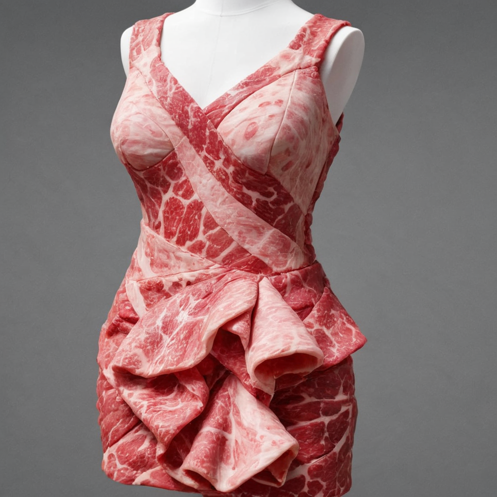 Visualize a unique and avant-garde dress, meticulously crafted using pieces of meat, seamlessly stitched together to form a cohesive garment. This dress should drape elegantly over a human mannequin, showcasing the meat's natural textures and colors. The mannequin should stand confidently, emphasizing the dress's unconventional beauty. The meat should appear fresh, with varying shades of reds and pinks, and the stitching should be discreet, allowing the meat pieces to appear as if they're naturally connected. The overall ambiance should be sophisticated, with a spotlight focusing on the dress, highlighting its intricate details and craftsmanship,<lora:jpbeef:0.55>