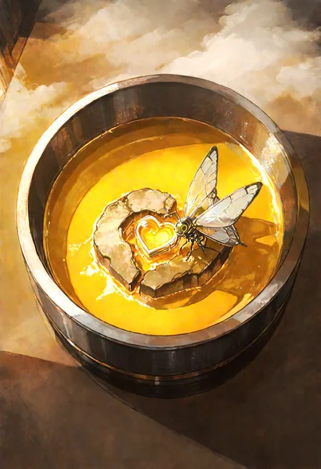improved cinematic photo, 35mm photograph, film, professional, 4k, highly detailed,
An amber fragment enclosing a Human Heart,
The amber fragment is a smooth, slightly irregular sphere, roughly the size of a marble, with a warm golden-brown hue. Its surface is polished, gleaming softly under light, revealing a mesmerizing play of golden, honey, and orange tones. Tiny air bubbles and organic inclusions are scattered throughout, lending it a sense of antiquity and natural complexity.
Inside, a perfectly preserved Human Heart lies suspended in time, its delicate body encased in the translucent amber.
Around the Human Heart, subtle striations and minute organic fragments, possibly plant material or dust, create a vignette that frames the insect. The amber’s clarity varies in places, with some sections slightly cloudy, further accentuating the Human Heart as the focal point. The fragment feels timeless, a tiny time capsule offering a glimpse into a prehistoric world millions of years ago