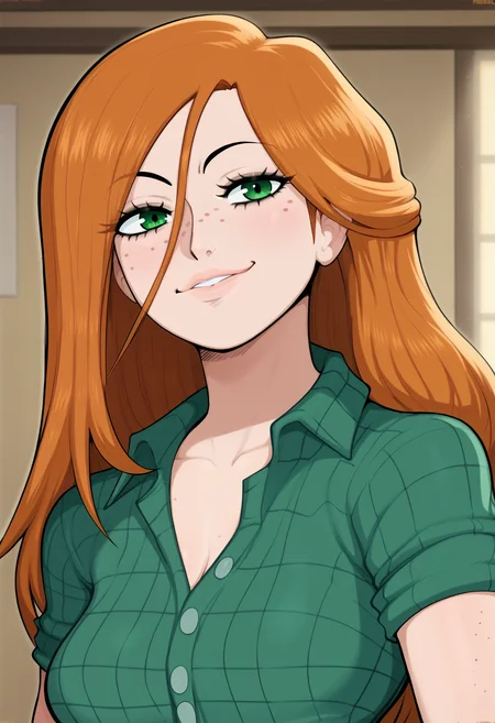 <lora:afrobull-guy-PONY-DORAv1:1>, afbul, score_9, score_7_up, 1girl, solo, portrait, wendy corduroy, orange hair, freckles