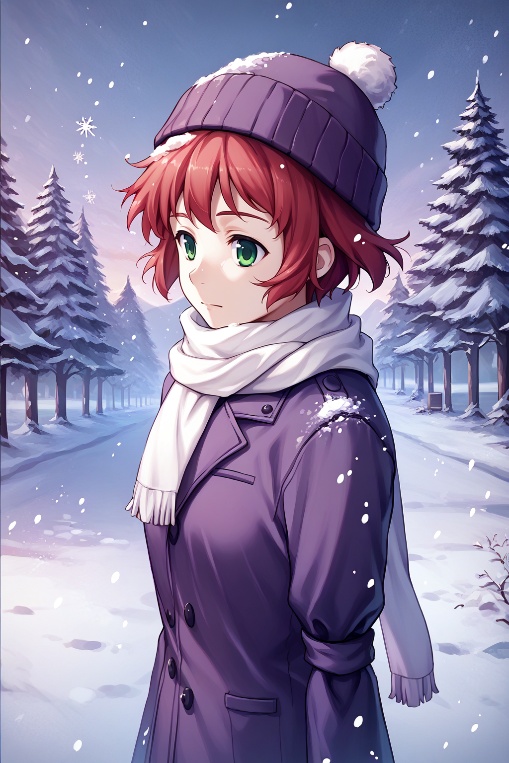 score_9, score_8_up, score_7_up, BREAK 1girl, solo, <lora:NSRinKatawa:1> NSRinKatawa, amputee, red hair, short hair, green eyes, purple coat, white scarf, hat, snow, snowing, pines, outdoors, winter, dark, stars, sleeve tied shut