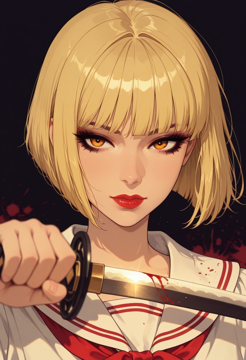in the style of cksc, masterpiece, best quality, good quality, very aesthetic, absurdres, newest, 8K, depth of field, focused subject, Silhouette Art, magnificent, dark background, portrait of stunning asian warrior woman, dark eyeshadow, red lips, blonde straight-cut bob, wearing white sailor blouse with red ribbon, dark eyeshadow, red lips, wielding a glowing katana, blood splatter, direct gaze