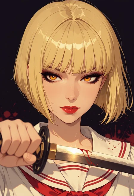 in the style of cksc, masterpiece, best quality, good quality, very aesthetic, absurdres, newest, 8K, depth of field, focused subject, Silhouette Art, magnificent, dark background, portrait of stunning asian warrior woman, dark eyeshadow, red lips, blonde straight-cut bob, wearing white sailor blouse with red ribbon, dark eyeshadow, red lips, wielding a glowing katana, blood splatter, direct gaze