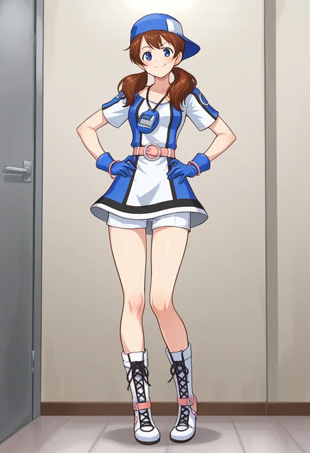 masterpiece, best quality, ultra-detailed, absurdres, newest, 1girl, solo, aingbc, brown hair, long hair, low twintails, blue eyes, baseball cap, multicolored dress, neo geo pocket color necklace, gloves, belt, white shorts under dress, white boots, standing, full body, indoors, smile, hands on hips, smug