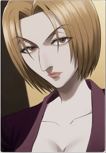 Pakunoda_Def, short hair, blonde hair, brown eyes, jacket, purple jacket, cleavage, large breasts, skirt, miniskirt, pencil skirt, big long pointed prominent aquiline nose