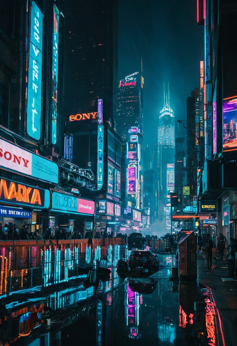 Create an image of a futuristic cityscape at night, with towering skyscrapers adorned with neon lights and holographic advertisements. Use a Sony A7R IV with a 35mm f/1.8 lens to capture the vibrant colors and reflections, adding a cyberpunk aesthetic. Enhance the scene with cinematic lighting, lens flares, and a subtle mist to create an otherworldly and immersive atmosphere.