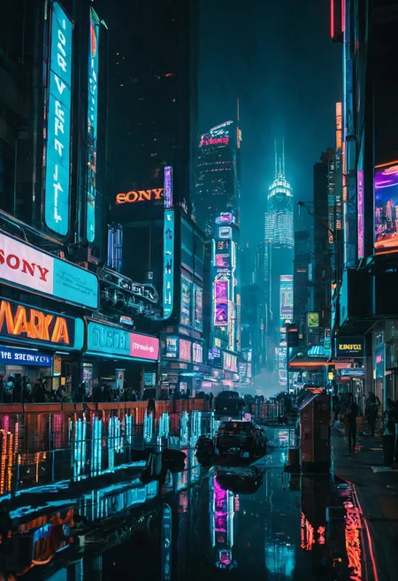 Create an image of a futuristic cityscape at night, with towering skyscrapers adorned with neon lights and holographic advertisements. Use a Sony A7R IV with a 35mm f/1.8 lens to capture the vibrant colors and reflections, adding a cyberpunk aesthetic. Enhance the scene with cinematic lighting, lens flares, and a subtle mist to create an otherworldly and immersive atmosphere.